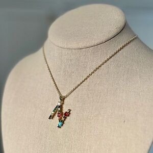 Gold Initial Letter Necklace Crystal Rainbow Rhinestone N